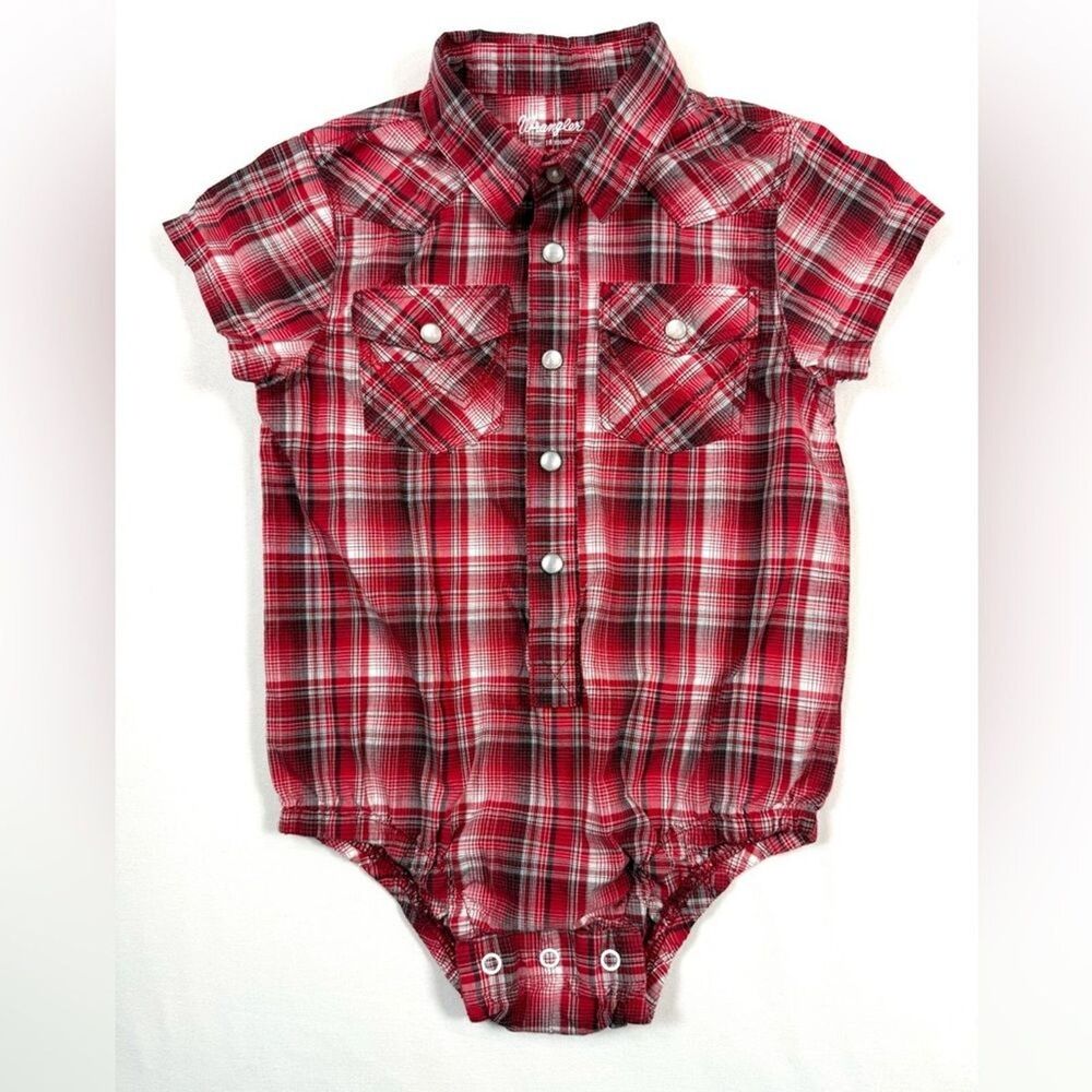 WRANGLER Baby Plaid Western Pearl Snap Bodysuit Size 18M Classic Cowboy Cute